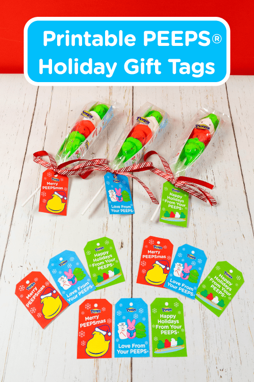 Text wtih Printable PEEPS® Holiday Gift Tags and several multi-colored gift tags.  And some PEEPS Pops wtih tags attached