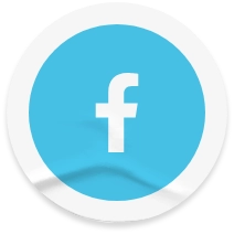 A circular light blue Facebook icon with a white 'f' logo and a sticker-like peel effect.