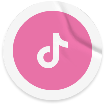 A circular pink sticker with a white TikTok music note logo and a curled corner effect.